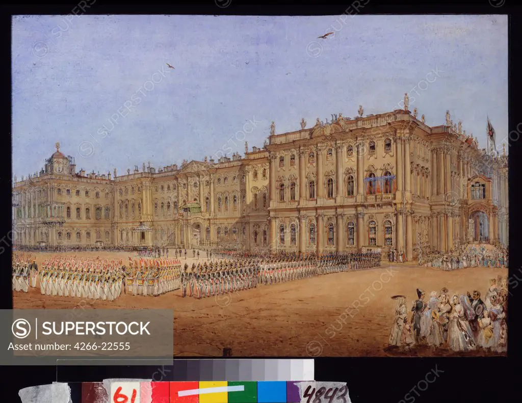 Military Review at the Winter palace in St. Petersburg by Sadovnikov, Vasily Semyonovich (1800-1879)/ State Russian Museum, St. Petersburg/ 1840s/ Russia/ Watercolour on paper/ Russian Painting of 19th cen./ 27x39,4/ Genre
