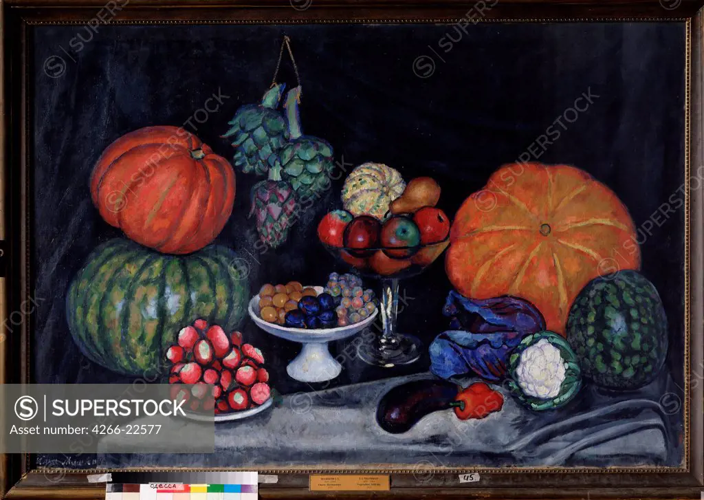 Vegetables. Still life by Mashkov, Ilya Ivanovich (1881-1958)/ State Art Museum, Odessa/ 1914-1915/ Russia/ Oil on canvas/ Russian Painting, End of 19th - Early 20th cen./ 105x154/ Still Life