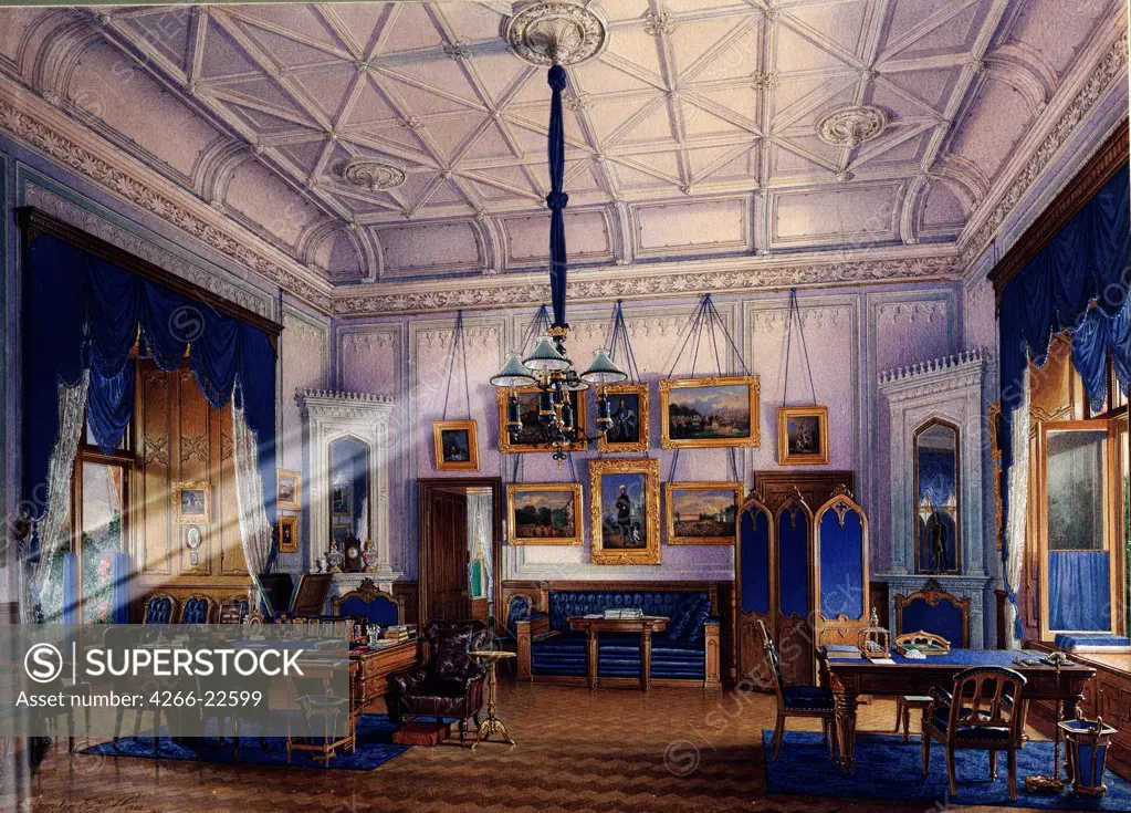 The blue Study room of Emperor Alexander II in the Farm Palace in Peterhof by Hau, Eduard (1807-1887)/ State Open-air Museum Peterhof, St. Petersburg/ 1860/ Russia/ Watercolour on paper/ Academic art/ Architecture, Interior