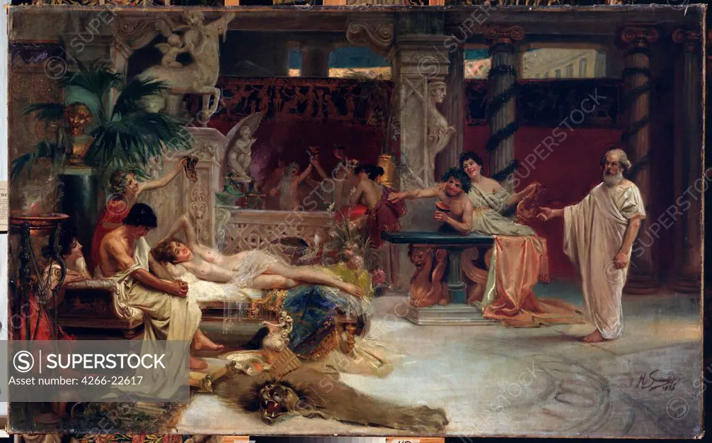 Socrates seeking Alcibiades in the house of a Hetaera by Siemiradzki, Henryk (1843-1902)/ State Art Museum, Stavropol/ 1875/ Poland/ Oil on canvas/ Academic art/ 112x185/ Genre,Mythology, Allegory and Literature