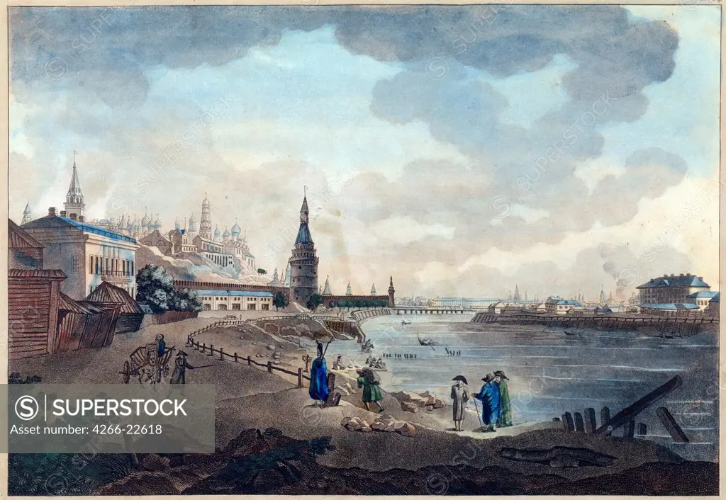 View of the Moscow Kremlin near the Big Stone Bridge by Quarenghi, Giacomo Antonio Domenico (1744-1817)/ A. Pushkin Memorial Museum, St. Petersburg/ 1790s/ Italy/ Watercolour and ink on paper/ Classicism/ Landscape