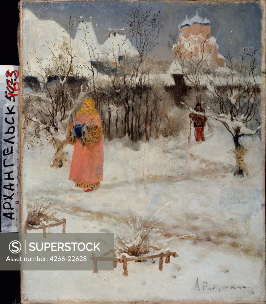 A boyar daughter walk by Ryabushkin, Andrei Petrovich (1861-1904)/ Regional Art Museum, Arkhangelsk/ 1893/ Russia/ Oil on canvas/ Russian Painting of 19th cen./ 36x29/ Landscape,Genre