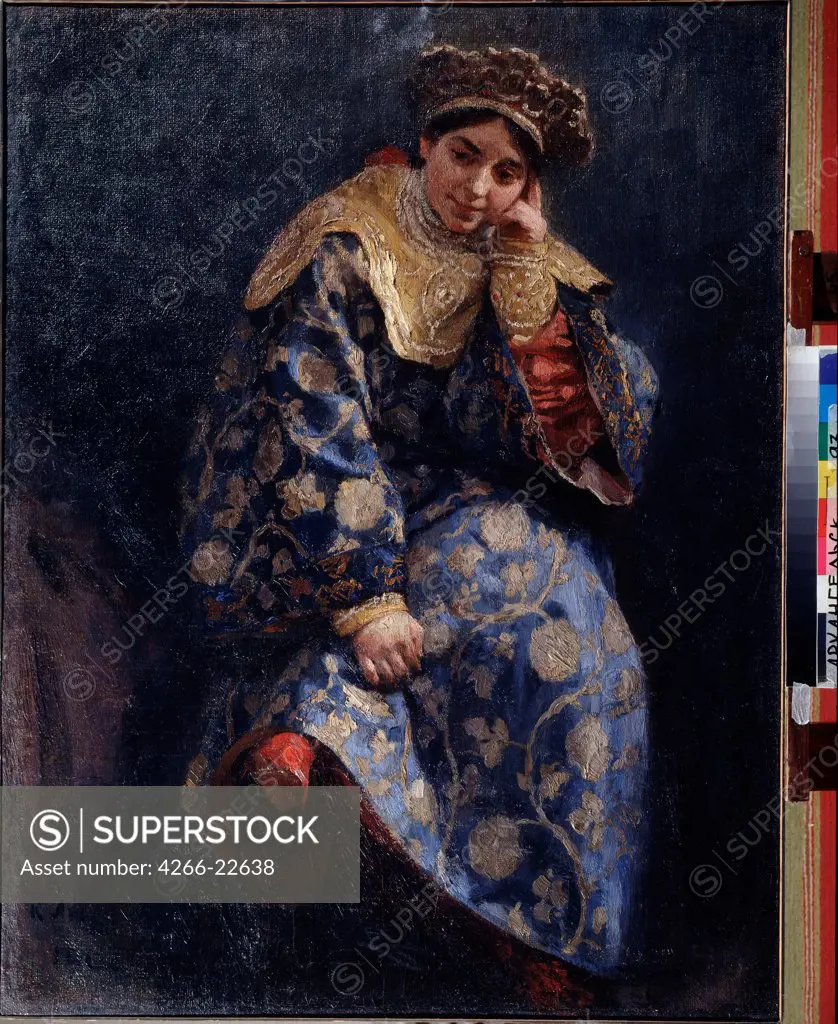 Boyar's daughter by Lebedev, Klavdi Vasilyevich (1852-1916)/ Regional Art Museum, Arkhangelsk/ 1902/ Russia/ Oil on canvas/ Russian Painting, End of 19th - Early 20th cen./ 106x80/ Genre