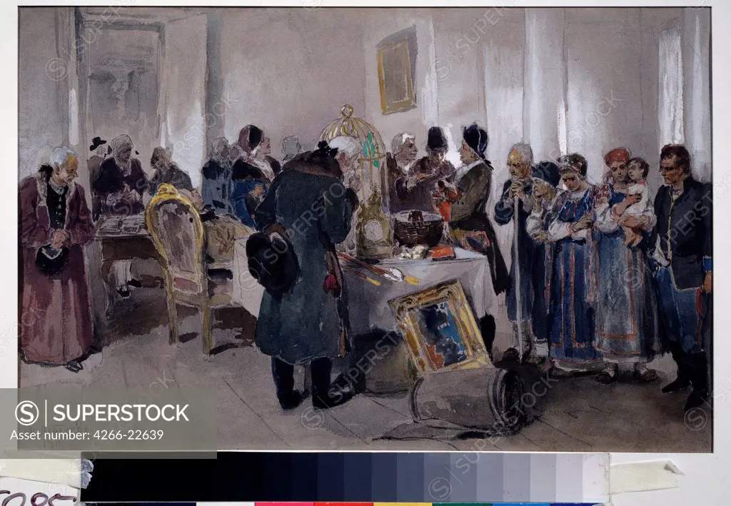 Auction Sale of Serfs by Lebedev, Klavdi Vasilyevich (1852-1916)/ Regional Art Museum, Arkhangelsk/ 1910/ Russia/ Watercolour, Gouache on Paper/ Russian Painting, End of 19th - Early 20th cen./ 30,7x47,3/ Genre