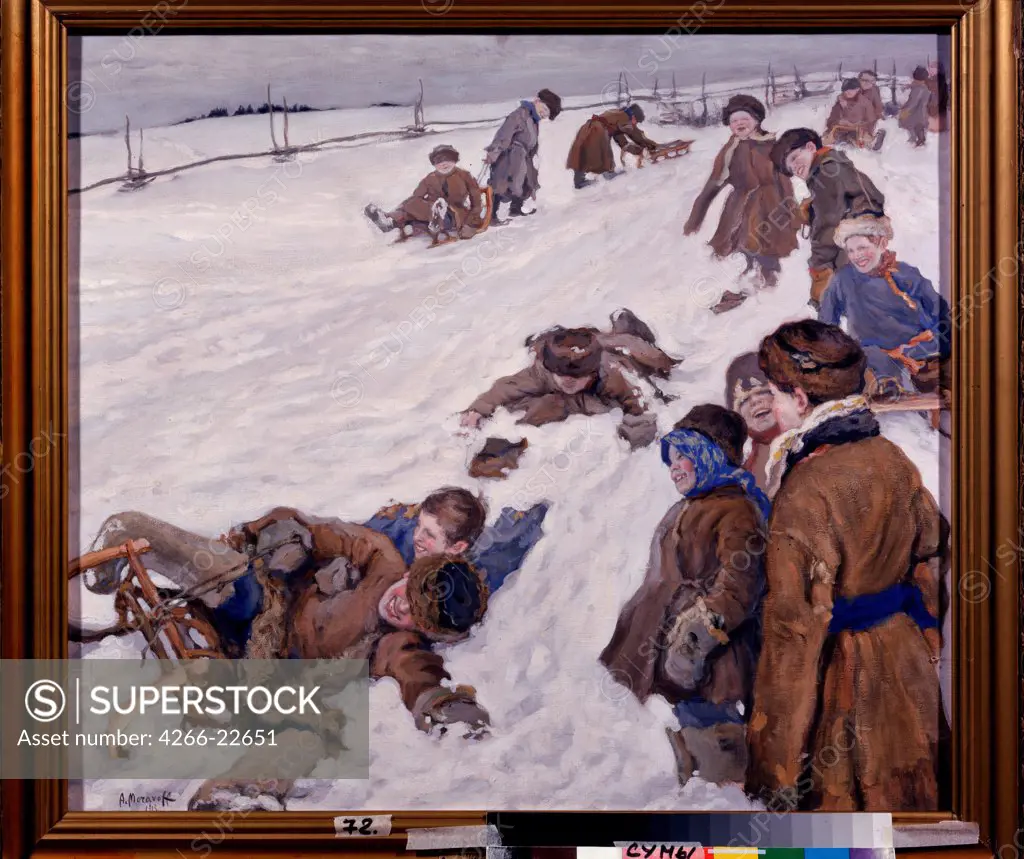 Winter sports by Moravov, Alexander Viktorovich (1878-1951)/ Regional Art Museum, Sumy/ 1913/ Russia/ Oil on canvas/ Russian Painting, End of 19th - Early 20th cen./ 79,6x71,4/ Genre