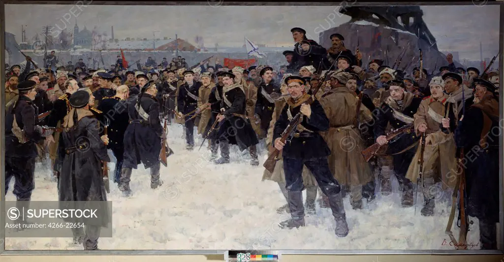 The Kronstadt rebellion in March 1921 by Samoresov, Viktor Konstantinovich (*1919)/ State Central Navy Museum, St. Petersburg/ 1957/ Russia/ Oil on canvas/ Soviet Art/ 180x360/ History