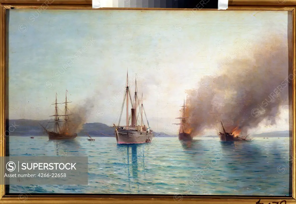 Russian torpedo boat tender Grand Duke Konstantin destroying the Turkish ships at Bosphorus on 1877 by Lagorio, Lev Felixovich (1827-1905)/ State Central Navy Museum, St. Petersburg/ 1880/ Russia/ Oil on canvas/ Russian Painting of 19th cen./ 56x88/ Hist