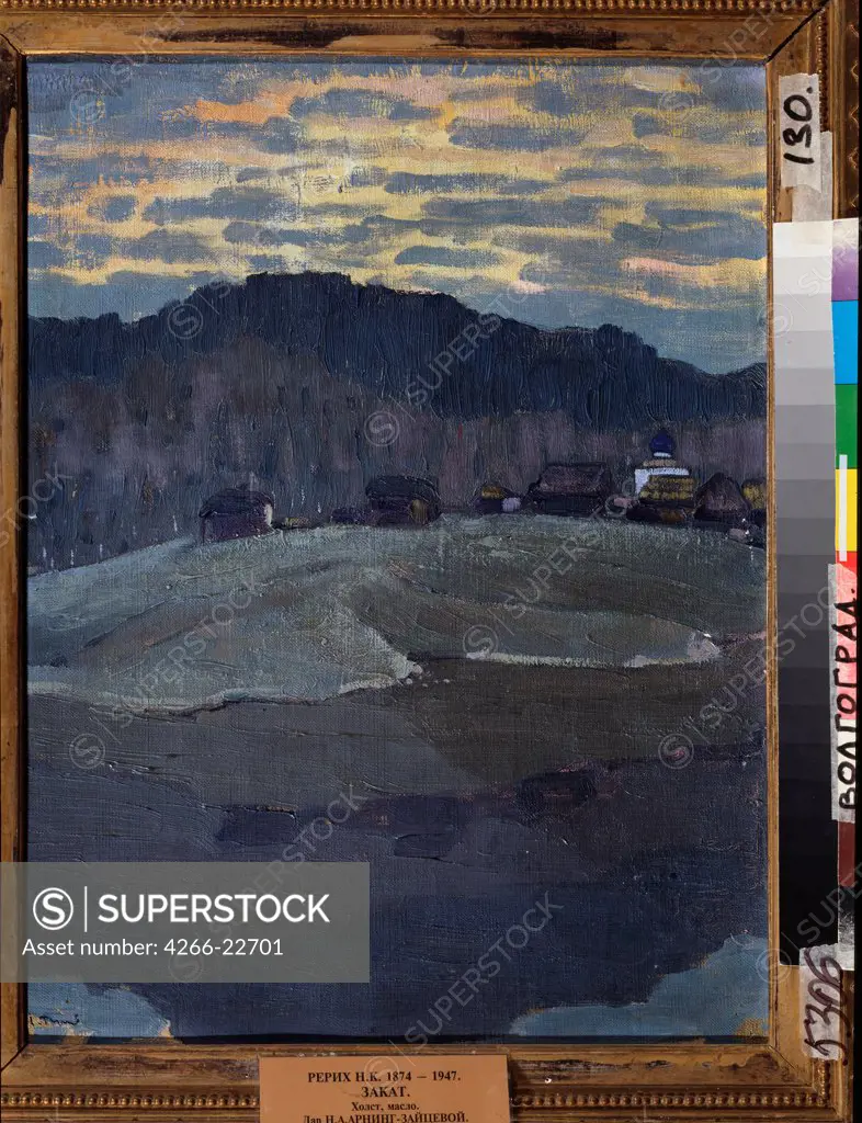 Sunset by Roerich, Nicholas (1874-1947)/ Regional Art Gallery, Volgograd/ Russia/ Oil on canvas/ Symbolism/ 47x35/ Landscape