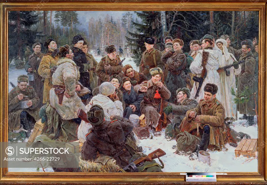 A rest after battle by Neprintsev, Yuri Mikhailovich (1909-1996)/ State Tretyakov Gallery, Moscow/ 1955/ Russia/ Oil on canvas/ Soviet Art/ 192x300/ Genre