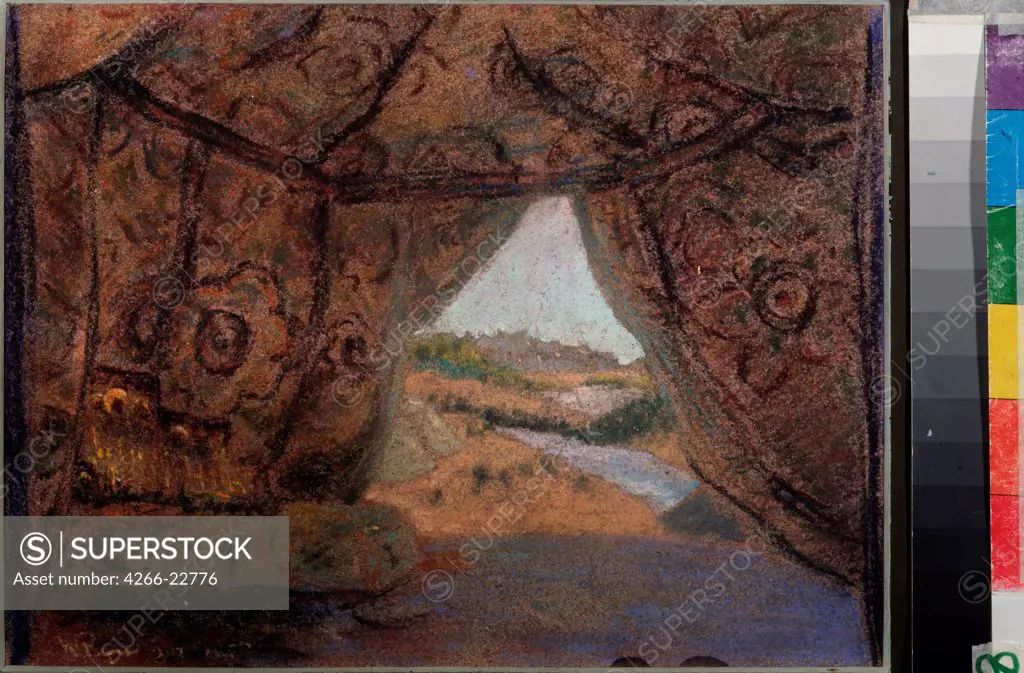 Stage design for the opera The Pskov Maiden by N. Rimsky-Korsakov by Roerich, Nicholas (1874-1947)/ State Central A. Bakhrushin Theatre Museum, Moscow/ 1909/ Russia/ Pastel on cardboard/ Symbolism/ 21x48/ Opera, Ballet, Theatre
