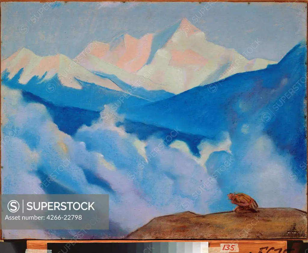 The Himalayas by Roerich, Nicholas (1874-1947)/ Regional K. Savitsky Art Gallery, Pensa/ 1937/ Russia/ Tempera on cardboard/ Symbolism/ 50,1x56,2/ Landscape