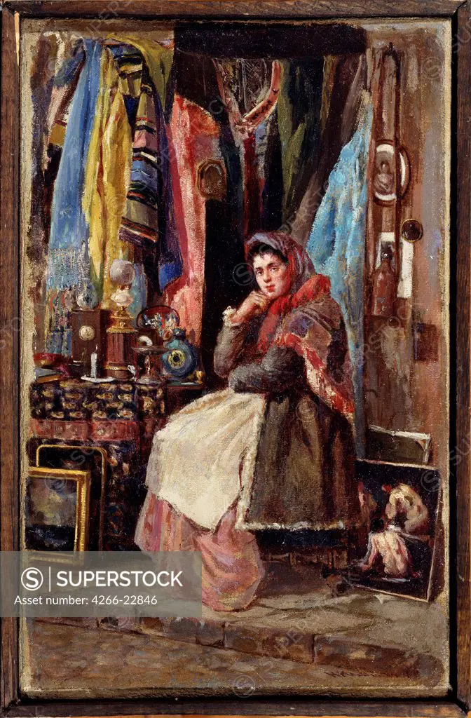 Curiosity shop by Makovsky, Konstantin Yegorovich (1839-1915)/ M. Tuganov Art Museum of the North Ossetian, Vladikavkas/ Russia/ Oil on canvas/ Russian Painting of 19th cen./ 22,8x14,5/ Genre