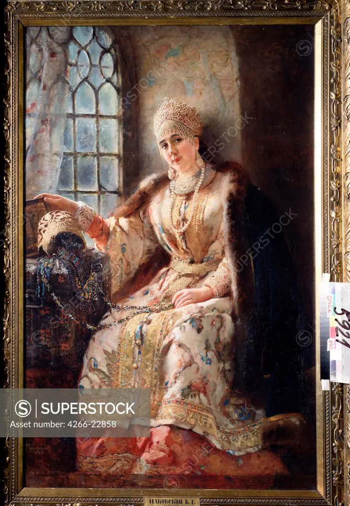 Boyar's Wife at the Window by Makovsky, Konstantin Yegorovich (1839-1915)/ Regional M. Vrubel Art Museum, Omsk/ 1885/ Russia/ Oil on canvas/ Russian Painting of 19th cen./ 174x117/ Genre