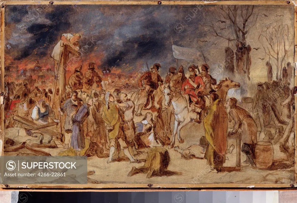 The revolt of Pugachev in 1773 by Perov, Vasili Grigoryevich (1834-1882)/ State Art Museum, Nizhny Novgorod/ Russia/ Oil on cardboard/ Russian Painting of 19th cen./ 24x39/ History