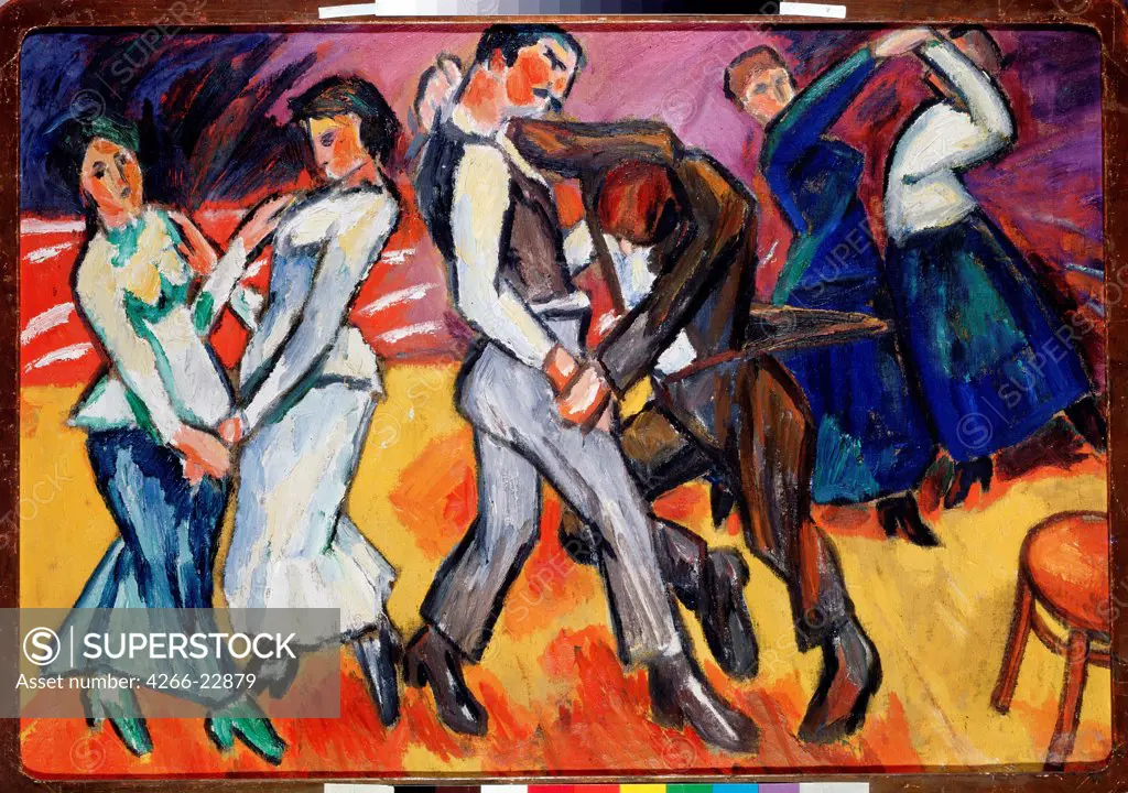Dancing by Larionov, Mikhail Fyodorovich (1881-1964)/ State Tretyakov Gallery, Moscow/ 1908/ Russia/ Oil on canvas/ Newprimitivism/ 66x95/ Genre