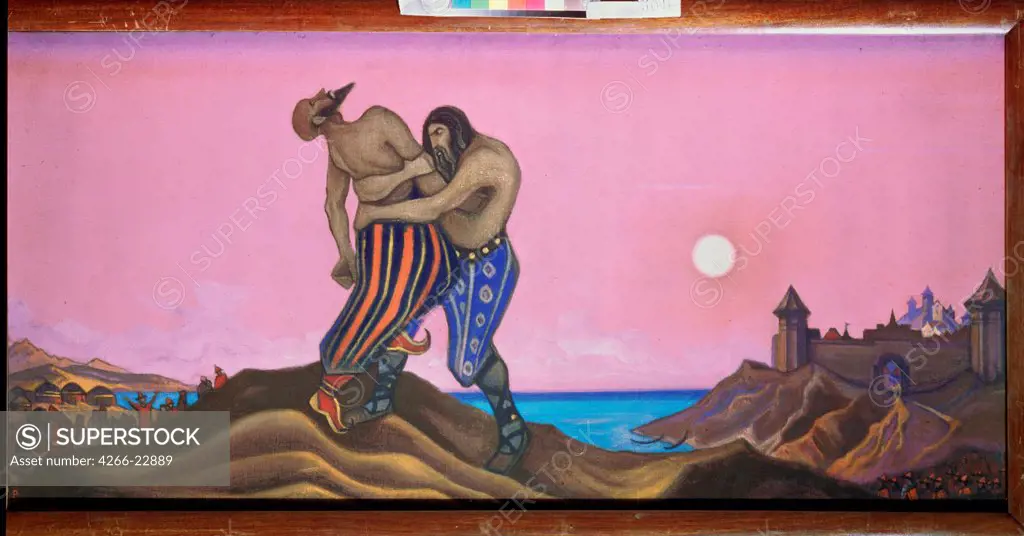 Duel between Mstislav and Rededya by Roerich, Nicholas (1874-1947)/ State Russian Museum, St. Petersburg/ 1943/ Russia/ Tempera on canvas/ Symbolism/ 57x123/ Mythology, Allegory and Literature