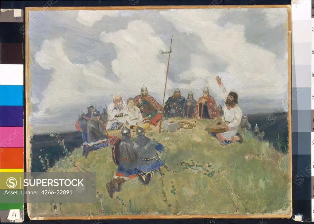 Boyan playing a gusli by Vasnetsov, Viktor Mikhaylovich (1848-1926)/ State Museum Abramtsevo Estate, near Moscow/ 1880/ Russia/ Oil on cardboard/ Russian Painting of 19th cen./ 33,5x42,2/ Music, Dance,Genre,Mythology, Allegory and Literature