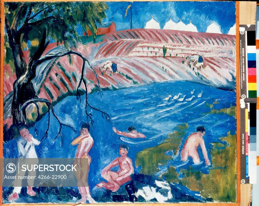 Soldiers Bathing by Larionov, Mikhail Fyodorovich (1881-1964)/ State Tretyakov Gallery, Moscow/ 1911/ Russia/ Oil on canvas/ Newprimitivism/ 91x105/ Genre