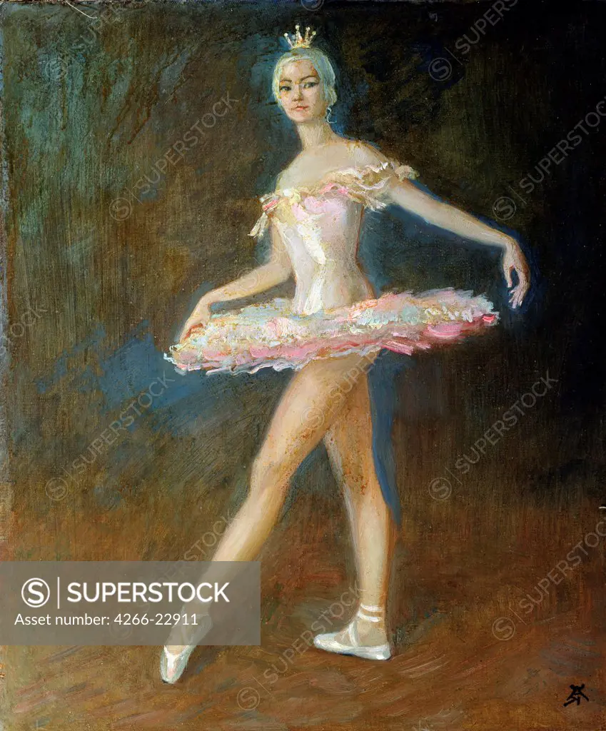 Ballet dancer Sophia Vinogradova as Odette in the ballet Swan Lake by P. Tchaikovsky by Kostromitin, Andrei Nikolayevich (1928-1999)/ State Central M. Glinka Museum of Music, Moscow/ 1970s/ Russia/ Oil on canvas/ Modern/ 60x50/ Opera, Ballet, Theatre,Por