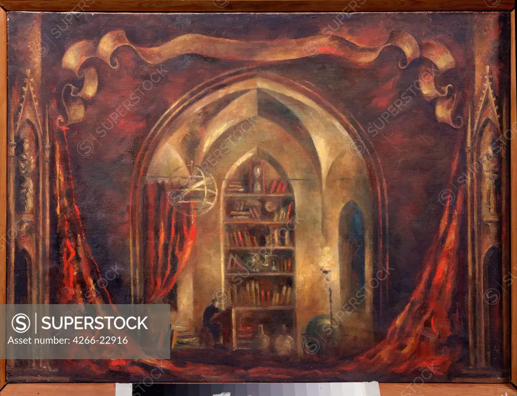 Stage design for the opera Faust by Ch. Gounod by Ryndin, Vadim Fyodorovich (1902-1974)/ State Central M. Glinka Museum of Music, Moscow/ 1961/ Russia/ Oil on canvas/ Theatrical scenic painting/ 54,5x75/ Opera, Ballet, Theatre