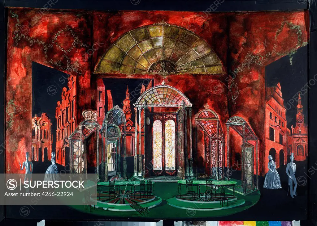 Stage design for the opera The Gambler by S. Prokofiev by Levental, Valeri Jakovlevich (*1938)/ State Central M. Glinka Museum of Music, Moscow/ 1973/ Russia/ Oil on canvas/ Theatrical scenic painting/ 70x100/ Opera, Ballet, Theatre