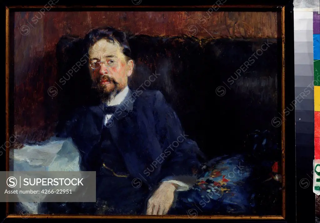 Portrait of the author Anton Chekhov (1860-1904) by Nilus, Pyotr Alexandrovich (1869-1940)/ State Central Literary Museum, Moscow/ 1902/ Russia/ Oil on canvas/ Russian Painting, End of 19th - Early 20th cen./ 29x37,5/ Portrait