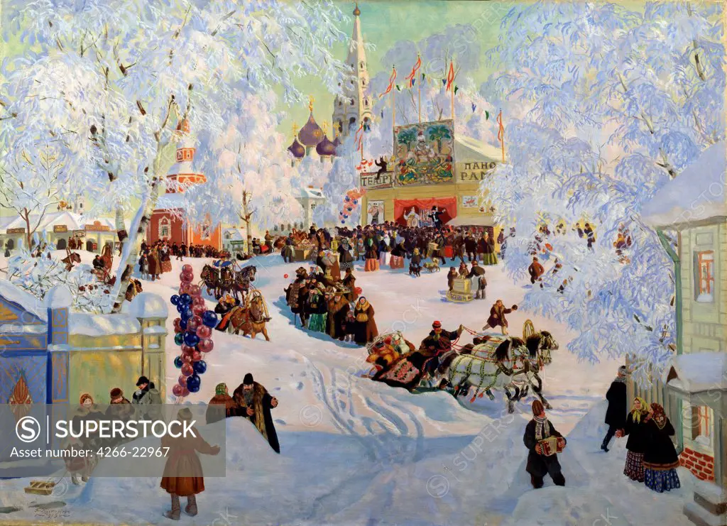Shrovetide by Kustodiev, Boris Michaylovich (1878-1927)/ National Art Museum of Belorussian Republik, Minsk/ 1919/ Russia/ Oil on canvas/ Russian Painting, End of 19th - Early 20th cen./ 71,6x98,3/ Genre