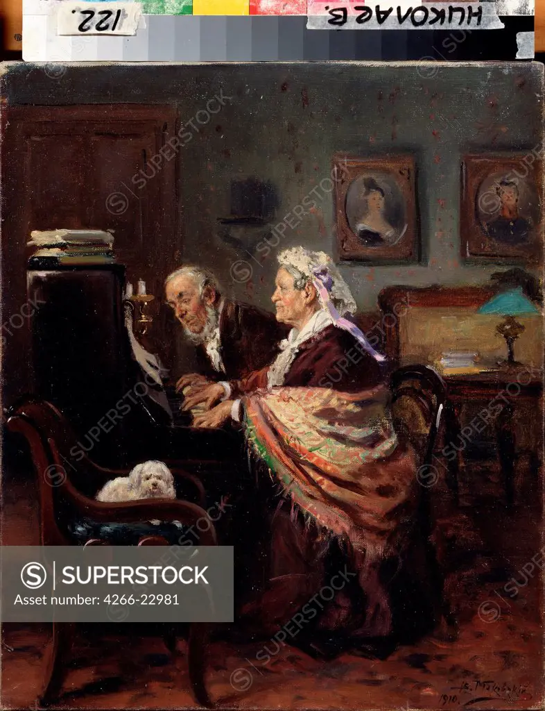 Piano Duet by Makovsky, Vladimir Yegorovich (1846-1920)/ Regional W. Wereshchagin Art Museum, Mykolaiv/ 1910/ Russia/ Oil on canvas/ Russian Painting, End of 19th - Early 20th cen./ 45x37/ Music, Dance,Genre