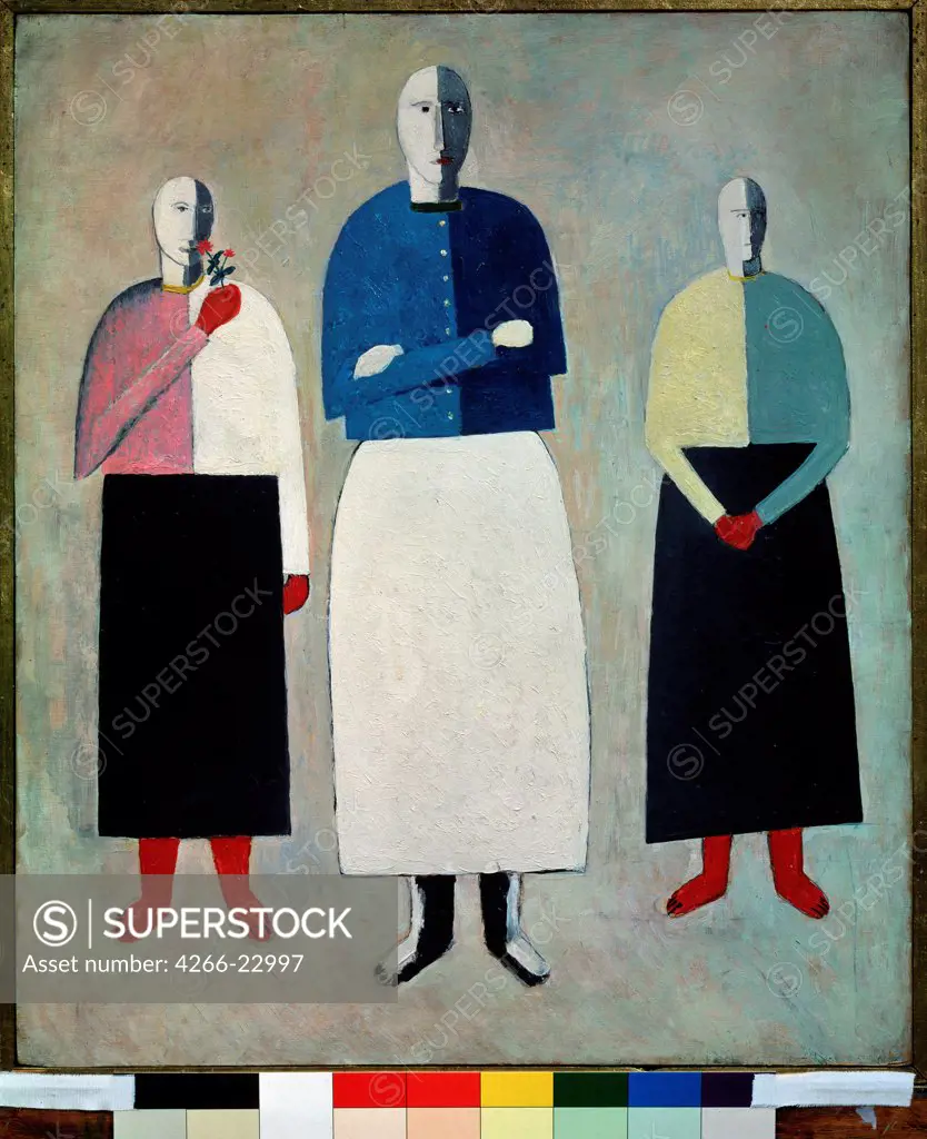 Three Girls by Malevich, Kasimir Severinovich (1878-1935)/ State Russian Museum, St. Petersburg/ 1928-1932/ Russia/ Oil on playwood/ Russian avant-garde/ 57x48/ Genre