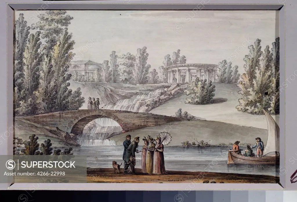 The Temple of Apollo and Cascade in the Pavlovsk park by Quarenghi, Giacomo Antonio Domenico (1744-1817)/ State Open-air Museum Pavlovsk Palace, St. Petersburg/ 1800s/ Italy/ Pen, ink, watercolour on paper/ Classicism/ Landscape
