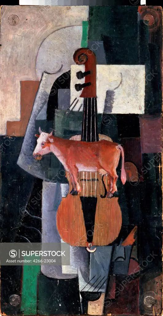 Cow and Violin by Malevich, Kasimir Severinovich (1878-1935)/ State Russian Museum, St. Petersburg/ 1913/ Russia/ Oil on wood/ Russian avant-garde/ 48,8x25,8/ Music, Dance,Still Life