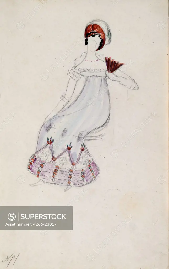 Costume design for the opera Eugene Onegin by P. Tchaikovsky by Matrunin, Boris Alexandrovich (1895-1959)/ A. Pushkin Memorial Museum, St. Petersburg/ 1922/ Russia/ Pencil, watercolour on paper/ Theatrical scenic painting/ 33,5x21/ Opera, Ballet, Theatre