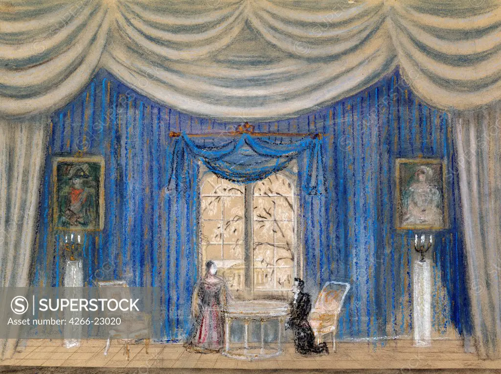 Stage design for the opera Eugene Onegin by P. Tchaikovsky by Lushin, Alexander Fyodorovich (1902-)/ A. Pushkin Memorial Museum, St. Petersburg/ 1938/ Russia/ Pastel on paper/ Theatrical scenic painting/ 33,5x45,5/ Opera, Ballet, Theatre