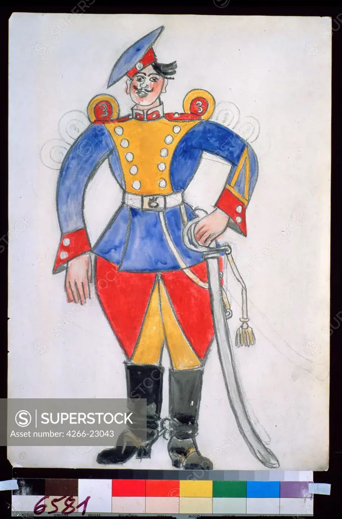 Costume design for the ballet Le Chout by S. Prokofiev by Larionov, Mikhail Fyodorovich (1881-1964)/ State Tretyakov Gallery, Moscow/ 1915/ Russia/ Gouache on paper/ Theatrical scenic painting/ 54x37,8/ Opera, Ballet, Theatre