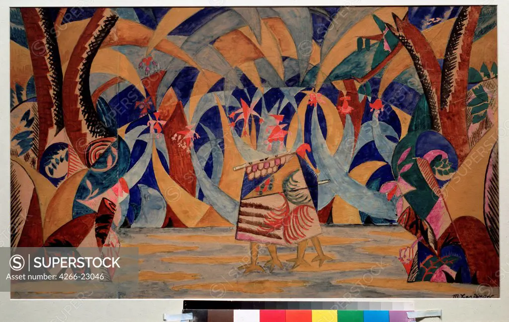 Stage design for the ballet Russian Tales by A. Lyadov by Larionov, Mikhail Fyodorovich (1881-1964)/ State Tretyakov Gallery, Moscow/ 1916-1917/ Russia/ Watercolour on paper/ Theatrical scenic painting/ 45,5x70/ Opera, Ballet, Theatre