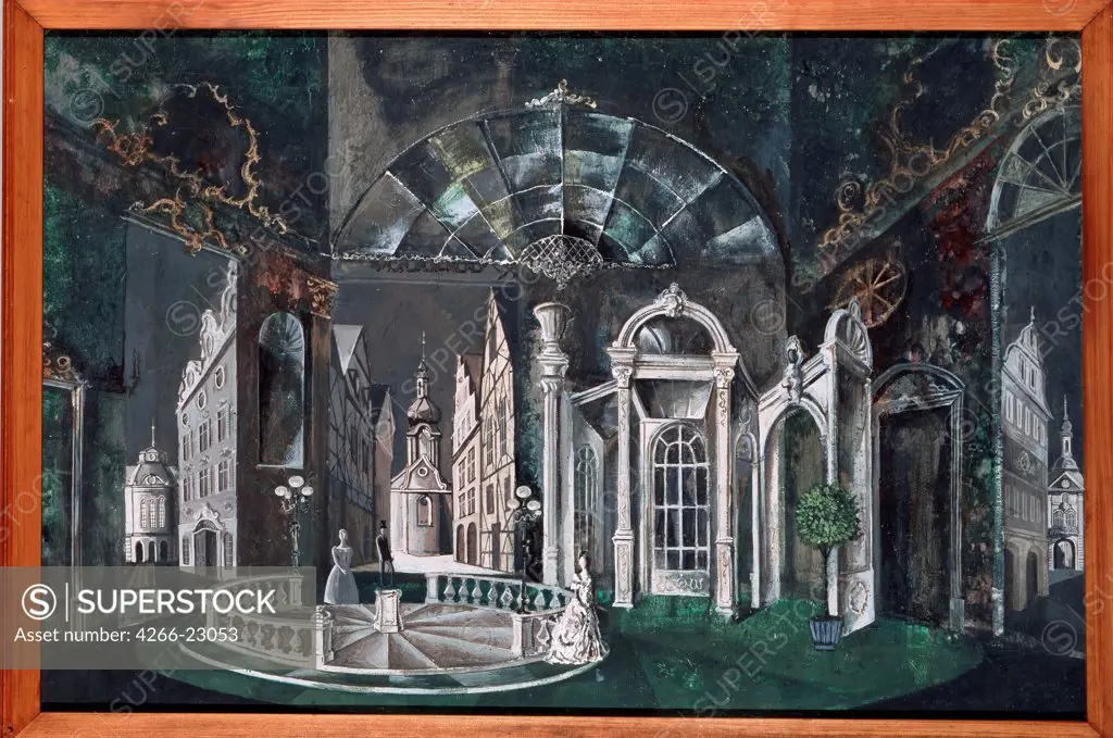 Stage design for the opera The Gambler by S. Prokofiev by Levental, Valeri Jakovlevich (*1938)/ State Tretyakov Gallery, Moscow/ 1974/ Russia/ Oil on canvas/ Theatrical scenic painting/ 61x90/ Opera, Ballet, Theatre