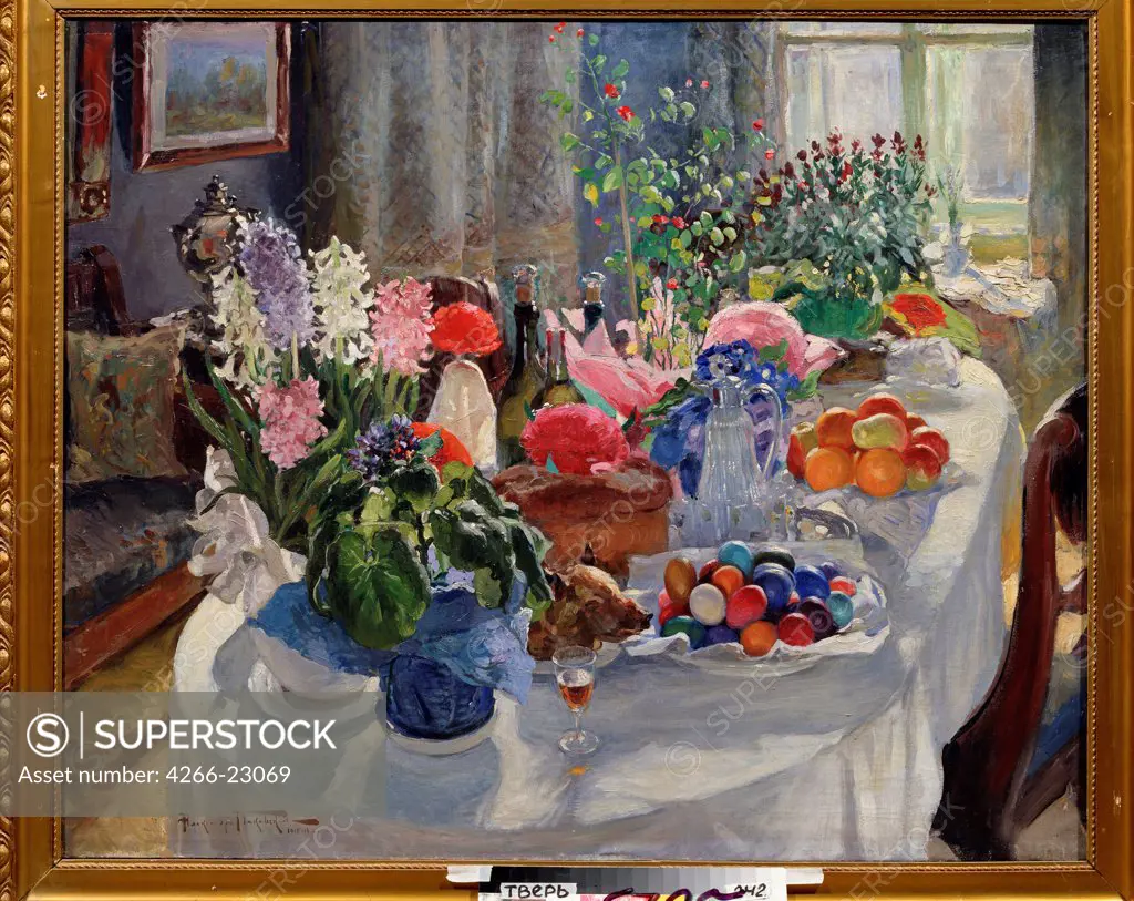 Easter table by Makovsky, Alexander Vladimirovich (1869-1924)/ Regional Art Gallery, Tver/ 1915-1916/ Russia/ Oil on canvas/ Russian Painting, End of 19th - Early 20th cen./ 98x119,5/ Still Life