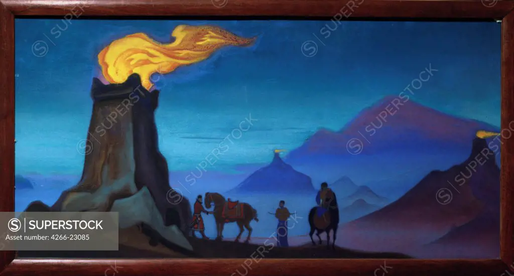 Flames of the Victory by Roerich, Nicholas (1874-1947)/ State Russian Museum, St. Petersburg/ 1940/ Russia/ Tempera on canvas/ Symbolism/ 61x122/ Landscape