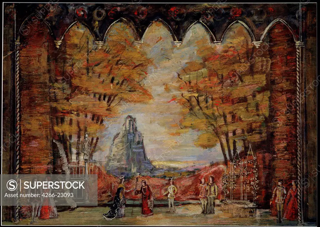 Stage design for the ballet The Swan Lake by P. Tchaikovsky by Lushin, Alexander Fyodorovich (1902-)/ State P. Tchaikovsky Memorial Museum, Klin/ 1953/ Russia/ Watercolour, Gouache on Paper/ Theatrical scenic painting/ Opera, Ballet, Theatre