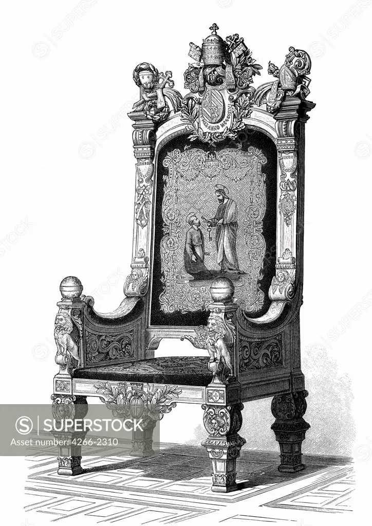 Throne of the pope by Anonymous painter, woodcut, 19th century, Private Collection