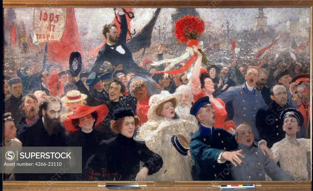 Demonstration 17 October 1905 by Repin, Ilya Yefimovich (1844-1930)/ State Russian Museum, St. Petersburg/ 1907/ Russia/ Oil on canvas/ Russian Painting, End of 19th - Early 20th cen./ 184x323/ History