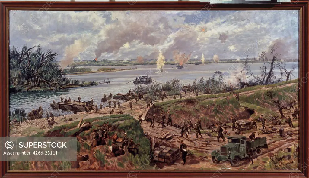 The Red Army forced crossing over the Vistula on July 31, 1944 by Russian master  / State Central Artillery Museum, St. Petersburg/ 1944/ Russia/ Oil on canvas/ Soviet Art/ 83x149/ History