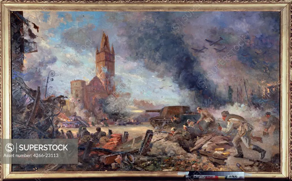 The Battle of Koenigsberg on April 9, 1945 by Satchko, Philip Nikolayevich (1914-1977)/ State Central Artillery Museum, St. Petersburg/ 1947/ Russia/ Oil on canvas/ Soviet Art/ 114x179/ History