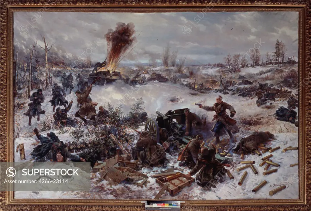 Artillery in the Battle of Moscow near Volokolamsk on Decembre 1941 by Pamfilov, Vladimir Evgenyevich (1904-)/ State Central Artillery Museum, St. Petersburg/ 1946/ Russia/ Oil on canvas/ Soviet Art/ 193x295/ History