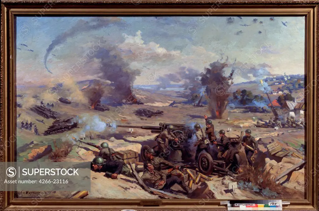 Russian Artillery on the Defence of Stalingrad by Marchenko, Georgi Ivanovich (1913-1981)/ State Central Artillery Museum, St. Petersburg/ 1947/ Russia/ Oil on canvas/ Soviet Art/ 128x204/ History