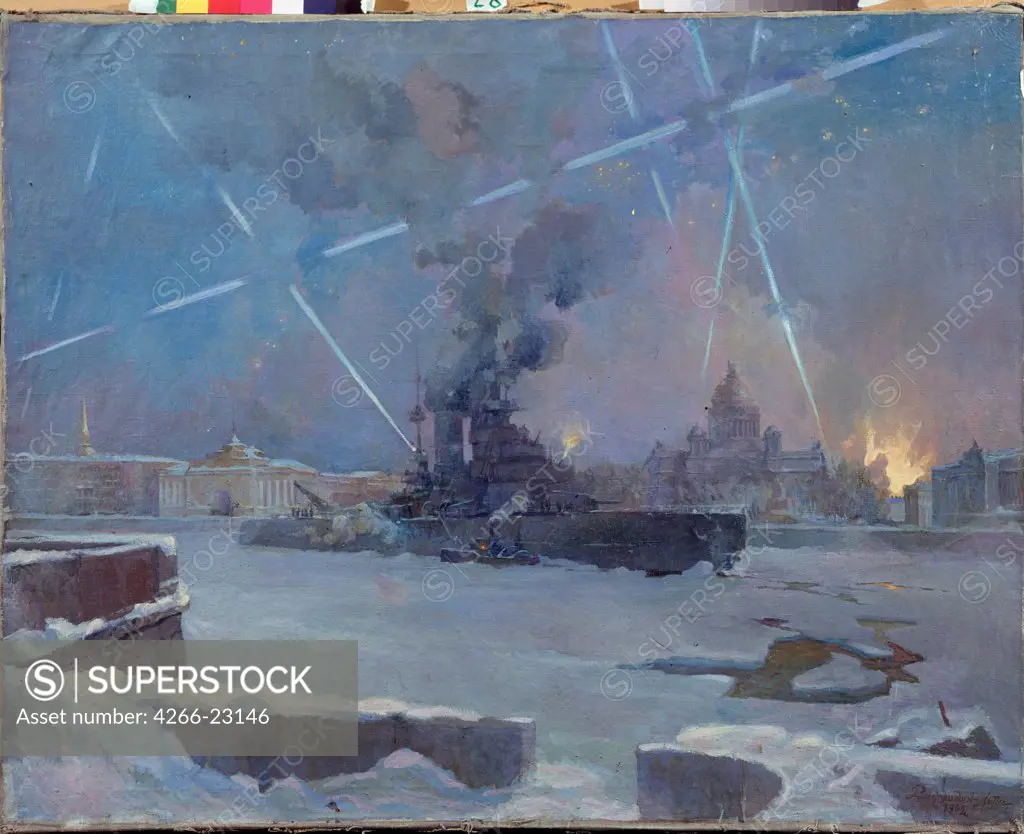 The heavy artillery on the Neva in Leningrad on 1942 by Zakolodin-Mitin, Alexei Ivanovich (1892-1956)/ State Museum- and exhibition Centre ROSIZO, Moscow/ 1942/ Russia/ Oil on canvas/ Soviet Art/ 100x126/ History