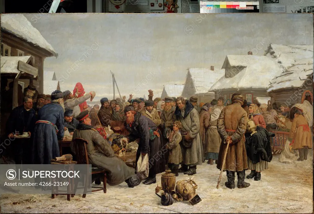 Public property auction for the arrears by Maximov, Vasili Maximovich (1844-1911)/ Regional Art Museum, Berdyansk/ 1880-1881/ Russia/ Oil on canvas/ Russian Painting of 19th cen./ 122x191/ Genre