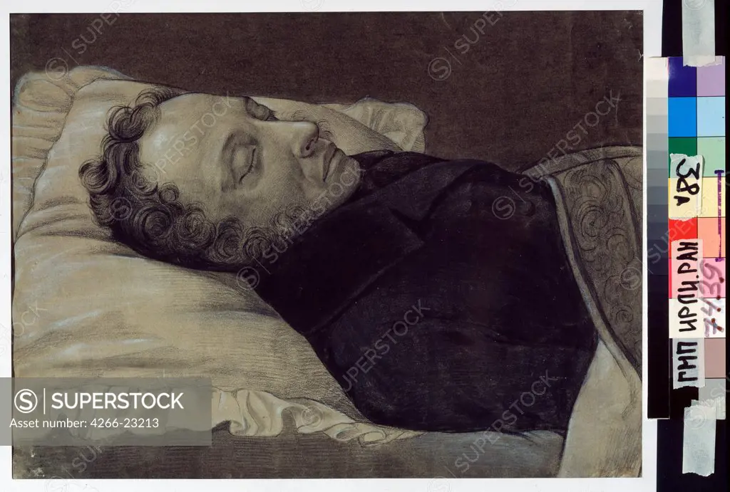 Poet Alexander Pushkin on his deathbed by Kozlov, Alexander Alexeyevich (1818-1884)/ Russian State Archive of Literature and Art, Moscow/ 1837/ Russia/ Pencil, Gouache and ink on paper/ Russian Painting of 19th cen./ Portrait