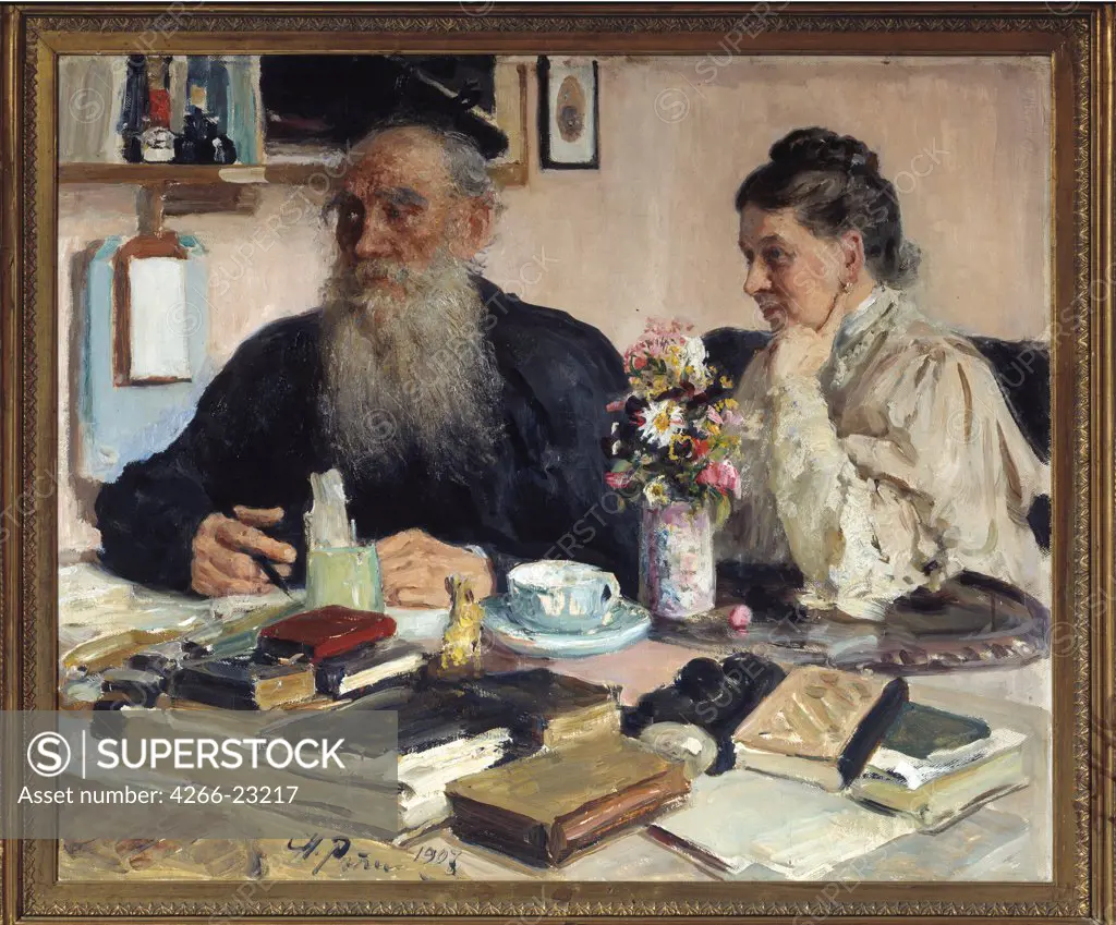The author Leo Tolstoy with his wife in Yasnaya Polyana by Repin, Ilya Yefimovich (1844-1930)/ Russian State Archive of Literature and Art, Moscow/ 1907/ Russia/ Oil on canvas/ Russian Painting, End of 19th - Early 20th cen./ Portrait