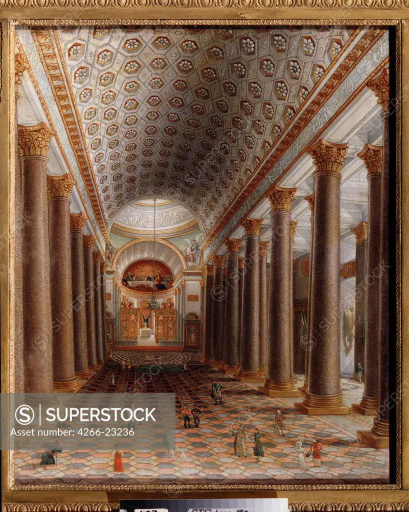 Interior view of the Kazan Cathedral in St. Petersburg by Russian master  / State Tretyakov Gallery, Moscow/ First quarter of 19th cen./ Russia/ Oil on canvas/ Russian Painting of 19th cen./ 97,3x85,5/ Architecture, Interior